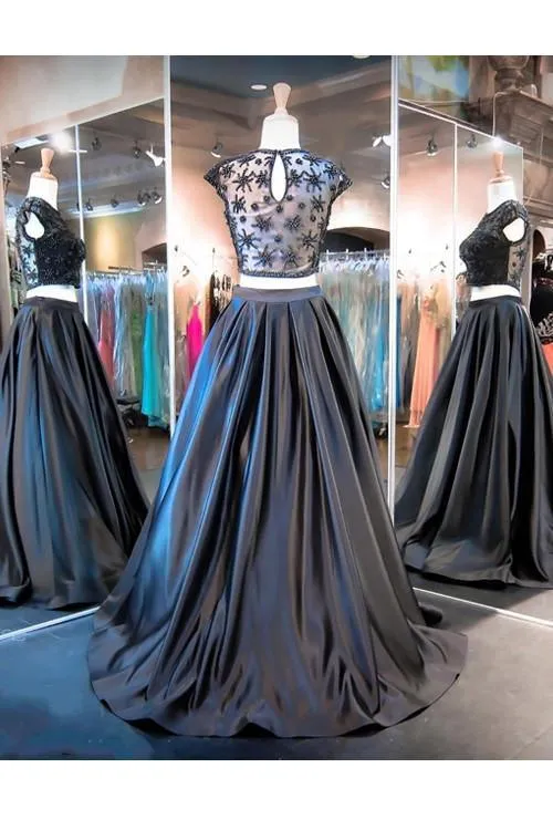 Two Piece A-line Black Cap Sleeve Prom Dresses Evening Dresses PG291