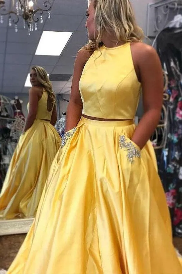Two Piece Halter Neck Satin Long Prom Dress With Beading Pocket TP1175