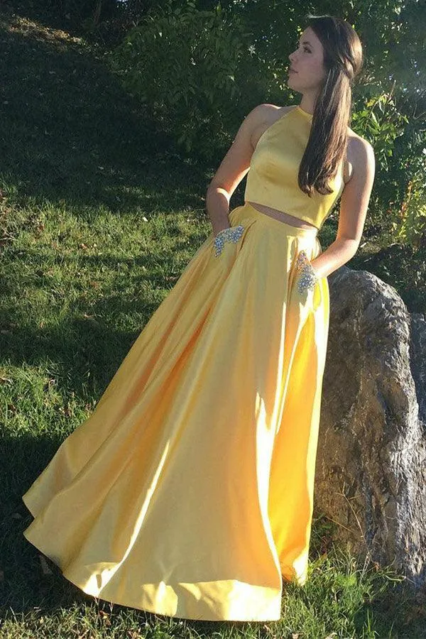 Two Piece Halter Neck Satin Long Prom Dress With Beading Pocket TP1175
