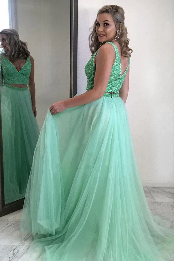 Two Piece Mint Green Chiffon Beading Long Prom/Evening Dress  PSK036