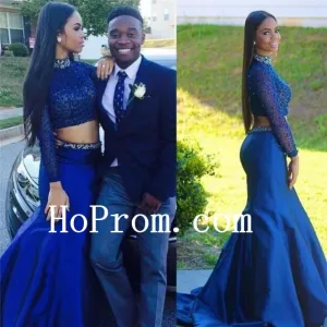 Two Piece Prom Dresses,Blue Prom Dress,Long Evening Dress