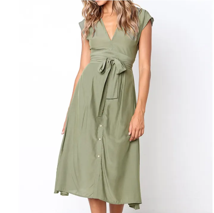 V Neck Midi Dress - Front Wrap