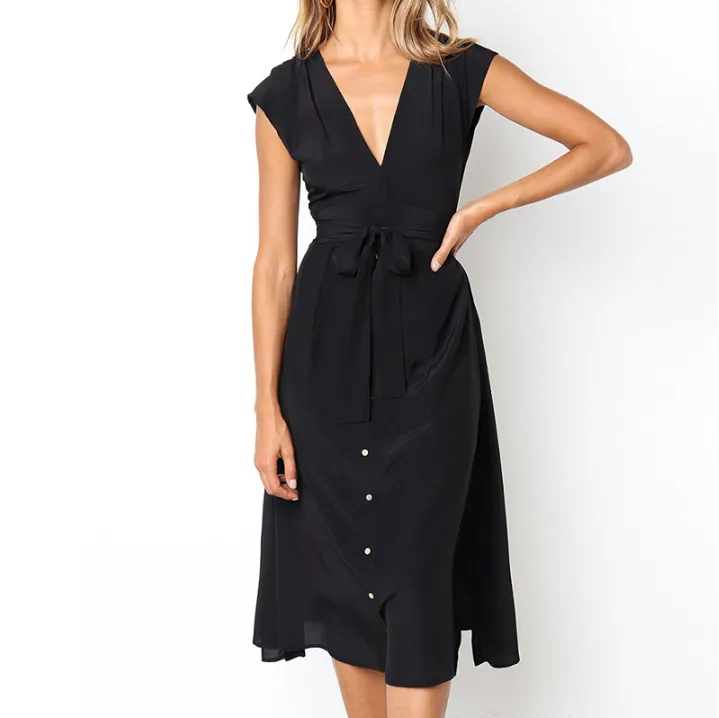V Neck Midi Dress - Front Wrap