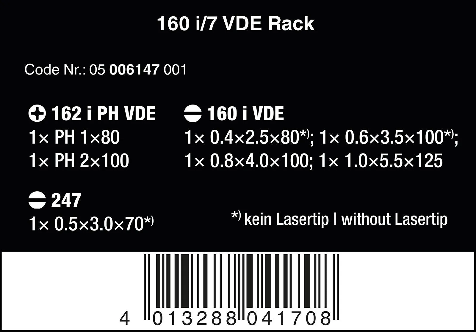 Wera Screwdriver Set Rack VDE 7 Piece 160 i/7 Kraftform Plus Series 100 Voltage Tester Slotted Phillips