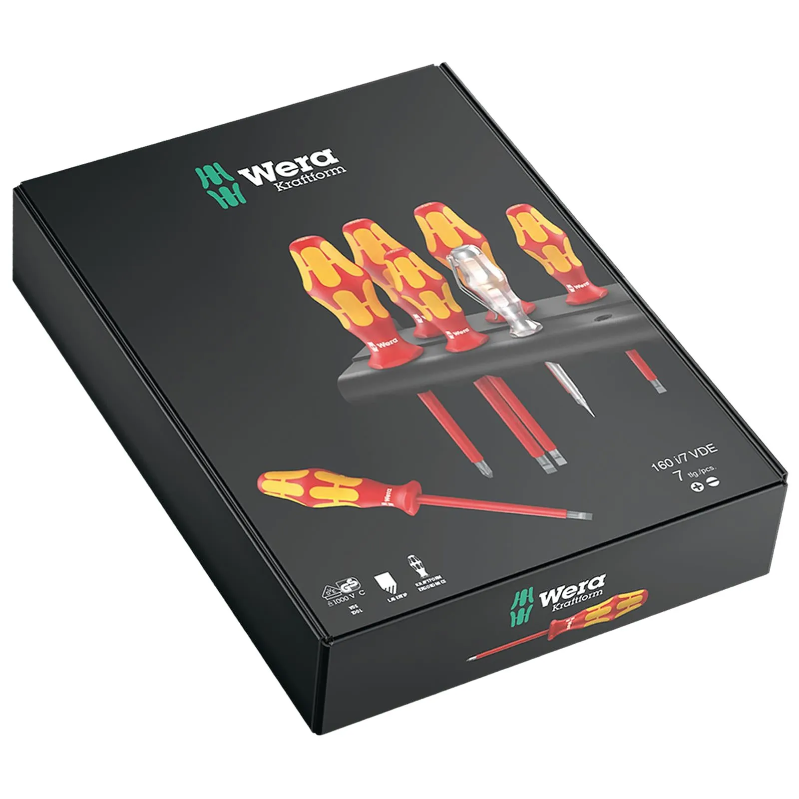 Wera Screwdriver Set Rack VDE 7 Piece 160 i/7 Kraftform Plus Series 100 Voltage Tester Slotted Phillips