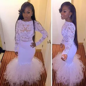 White Lace Prom Dresses,Long Sleeve Prom Dress,Evening Dress
