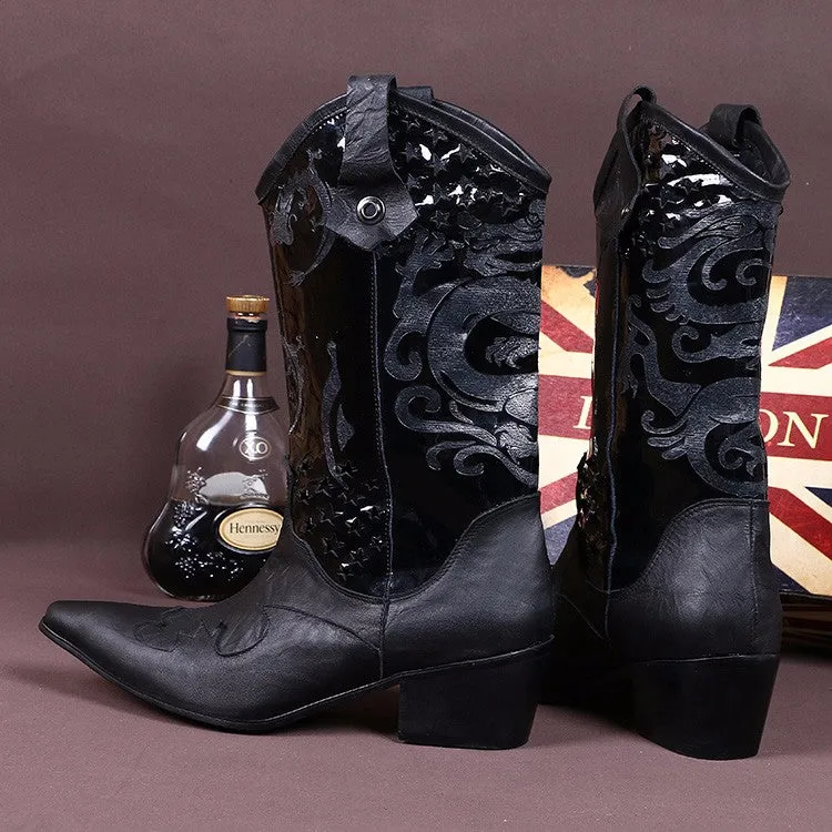Winter Warm Shoes Men Long Boots Black Dragon Pattern Genuine Leather Men Mid-calf Boots Pointed Toe Western Cowboy Boots