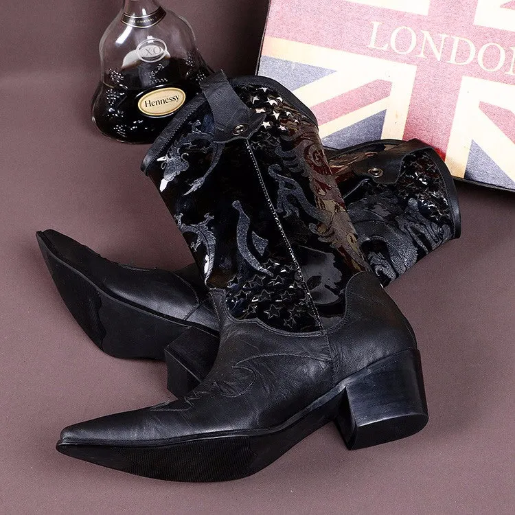 Winter Warm Shoes Men Long Boots Black Dragon Pattern Genuine Leather Men Mid-calf Boots Pointed Toe Western Cowboy Boots