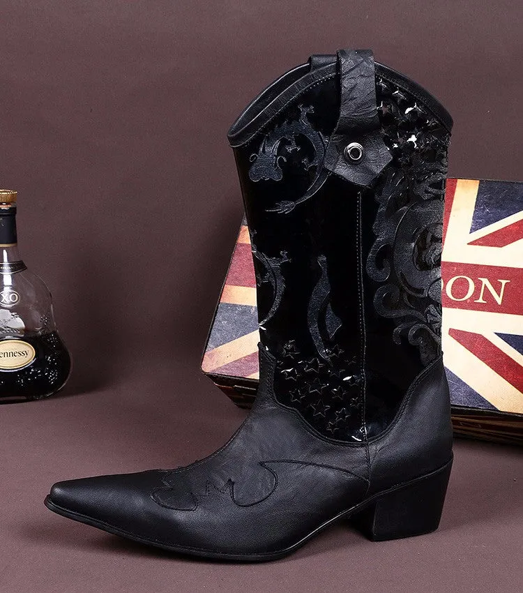 Winter Warm Shoes Men Long Boots Black Dragon Pattern Genuine Leather Men Mid-calf Boots Pointed Toe Western Cowboy Boots