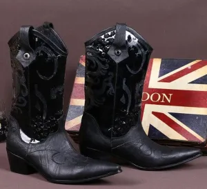 Winter Warm Shoes Men Long Boots Black Dragon Pattern Genuine Leather Men Mid-calf Boots Pointed Toe Western Cowboy Boots