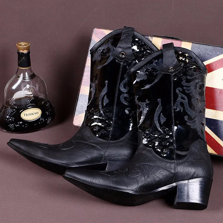 Winter Warm Shoes Men Long Boots Black Dragon Pattern Genuine Leather Men Mid-calf Boots Pointed Toe Western Cowboy Boots