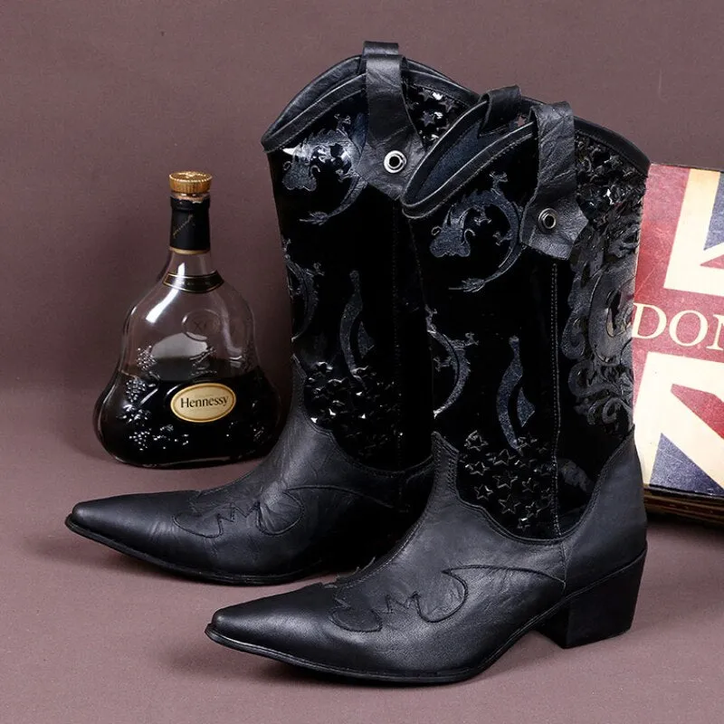 Winter Warm Shoes Men Long Boots Black Dragon Pattern Genuine Leather Men Mid-calf Boots Pointed Toe Western Cowboy Boots