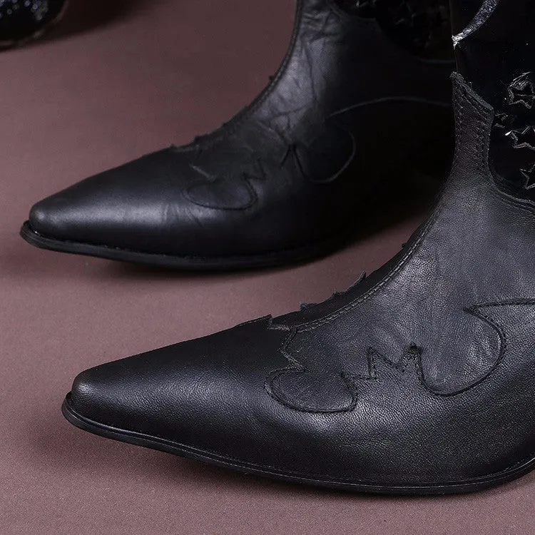 Winter Warm Shoes Men Long Boots Black Dragon Pattern Genuine Leather Men Mid-calf Boots Pointed Toe Western Cowboy Boots